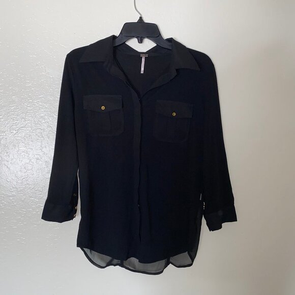 Poof Women's Black Button Down Shirt💕 Medium Back Sheer - Picture 2 of 16